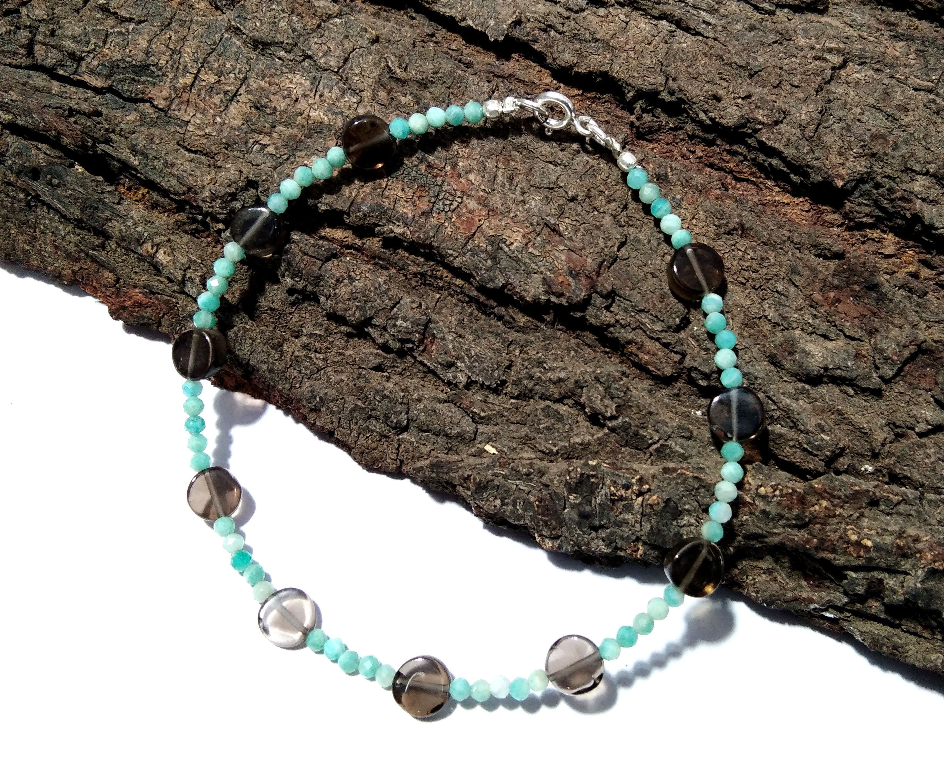 925 Silver Bracelet, With Natural Amazonite & Smoky Quartz Bracelet, Gifts For Her, Boho Dainty Minimalist, Women Bracelet, Tiny Bracelet